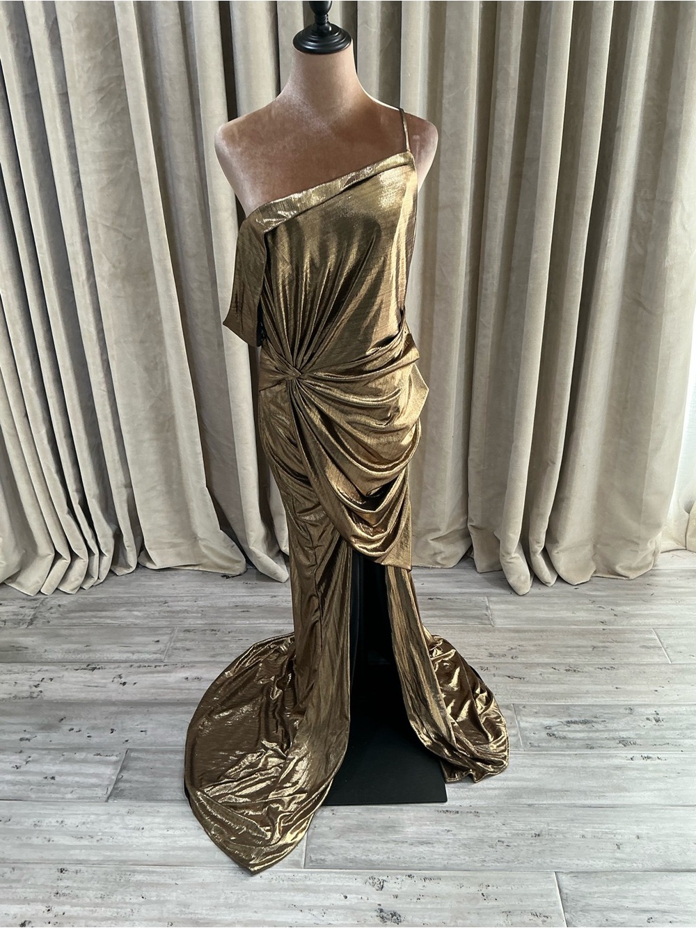 Gold One-Shoulder Draped Evening Gown